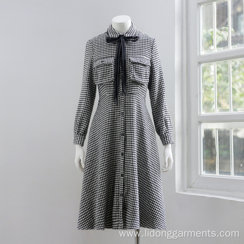 Women Casual Black-and-white Checked Long-sleeved Dress